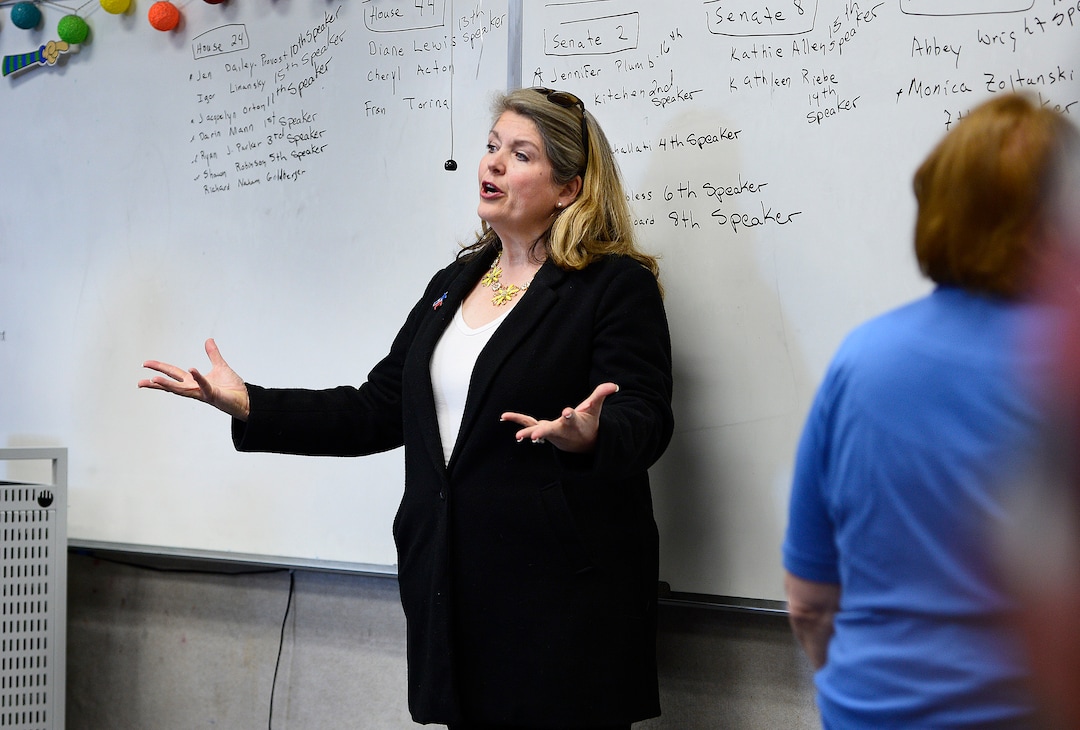 (Scott Sommerdorf | The Salt Lake Tribune)Jacquelyn Orton speaks in the Environmental Caucus at the Salt Lake County Democratic Convention where delegates pick their favorites for county/legislative races, Saturday, April 14, 2018. 