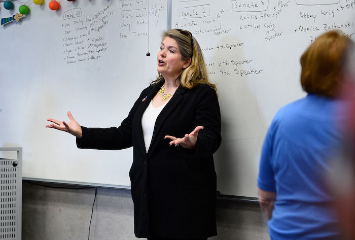 (Scott Sommerdorf | The Salt Lake Tribune)
Jacquelyn Orton speaks in the Environmental Caucus at the Salt Lake County Democratic Convention where delegates pick their favorites for county/legislative races, Saturday, April 14, 2018.