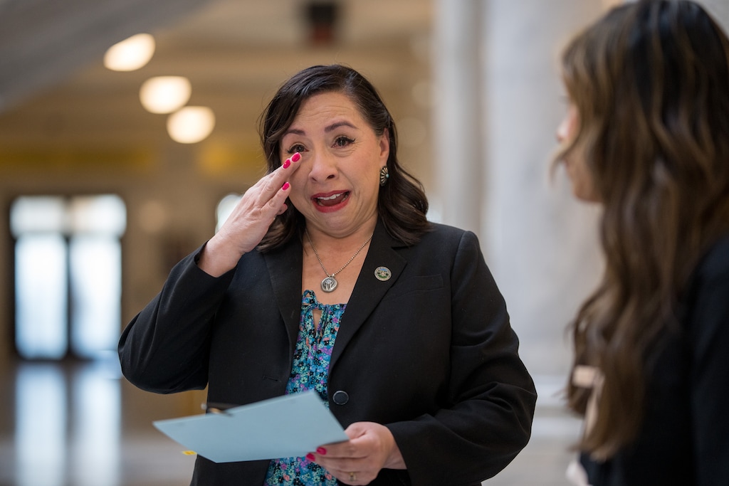 (Trent Nelson | The Salt Lake Tribune) House Minority Leader Angela Romero, D-Salt Lake City, reacted Thursday after the signing of a bill banning polygraph requests for alleged sexual assault victims. Romero, who first sponsored the measure in 2024, grew emotional as she described how an alleged victim’s story, first highlighted in Salt Lake Tribune and ProPublica reporting, motivated her to keep pushing the legislation.