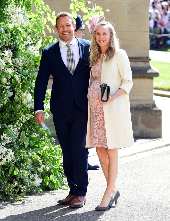 Jonny Wilkinson and Shelley Jenkins  arrive for the wedding ceremony of Prince Harry and Meghan Markle at St. George's Chapel in Windsor Castle in Windsor, near London, England, Saturday, May 19, 2018. (Ian West/pool photo via AP)
