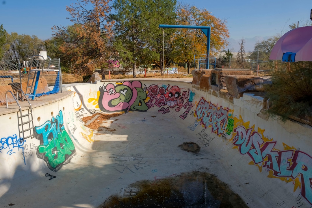 (Leah Hogsten  |  The Salt Lake Tribune) Oct. 29, 2020. In the 1980's Raging Waters water park was home to the world's third wave pool. Today the property is in such disrepair that Salt Lake City needs to disassemble it and figure out some kind of new park to replace it. Closed since 2018,vandalism and operator abandonment has left the park a liability for the city.