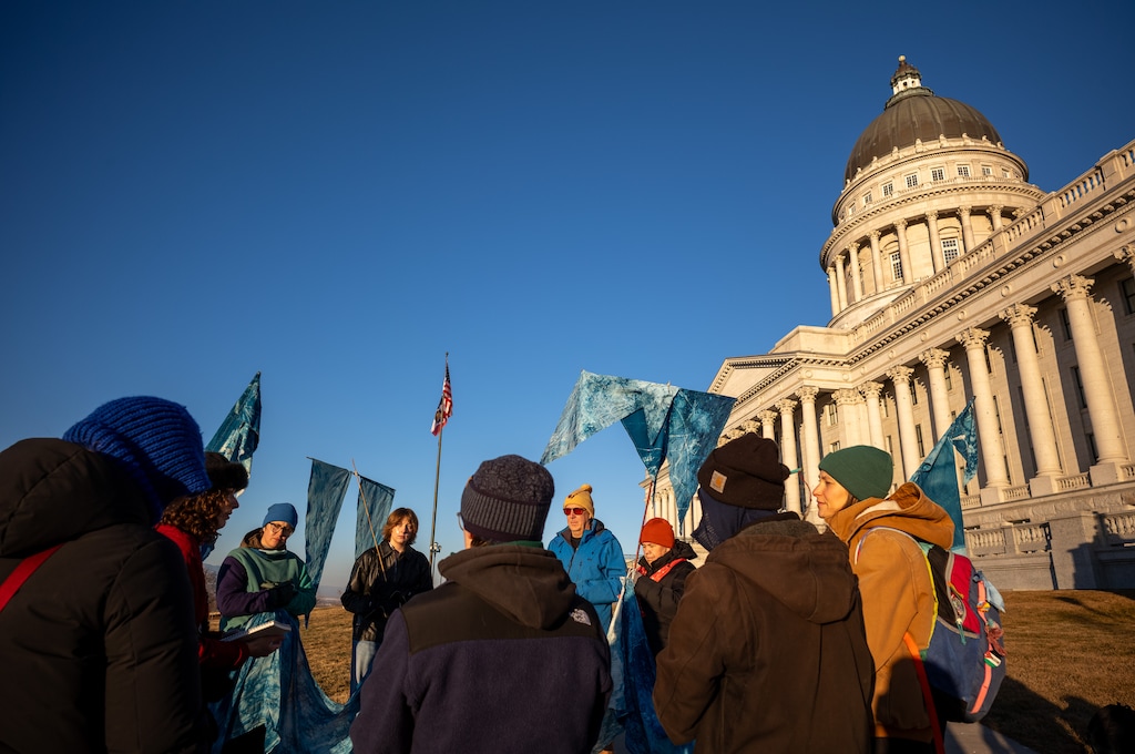 (Trent Nelson  |  The Salt Lake Tribune) A vigil for the Great Salt Lake at the Utah Capitol in Salt Lake City on Tuesday, Jan. 20, 2026. The event and march around the building were organized by the Making Waves Artist Collaborative.