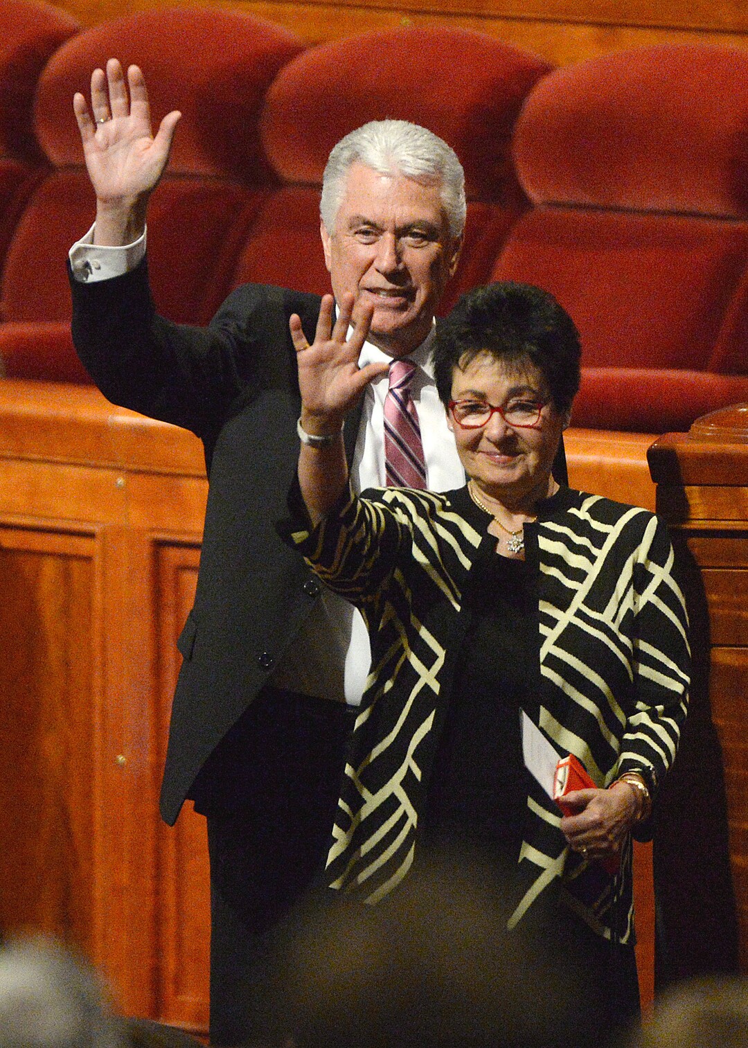 (Al Hartmann  |  The Salt Lake Tribune) 	Dieter F. Uchdorf,  Second Counselor in the First Presidency and wife Harriet wave to crowd at LDS Church’s 187th Semiannual General Conference in Salt Lake City on Sunday Oct. 1, 2017.