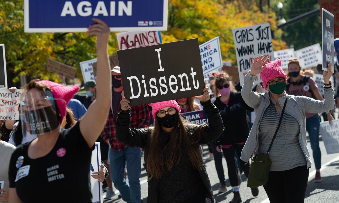 (Francisco Kjolseth  |  The Salt Lake Tribune) Demonstrators gather in Salt Lake City, uniting with Women’s March rallies happening in Washington D.C. and around the country on Saturday, Oct. 17, 2020, to signal their opposition to President Donald Trump and his agenda, including his push to fill the seat of late Supreme Court Justice Ruth Bader Ginsburg before election day.