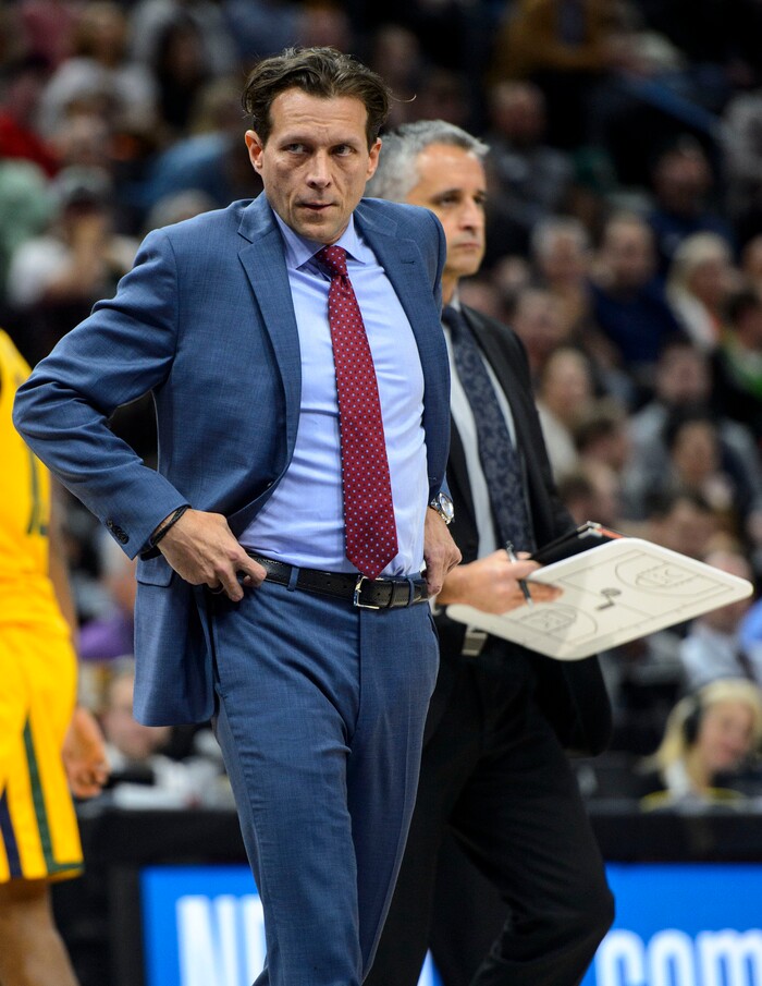 (Steve Griffin  |  The Salt Lake Tribune) Utah Jazz head coach Quin Snyder calls a time out during the Utah Jazz versus Denver Nuggets NBA basketball game at Vivint Smart Home Arena  in Salt Lake City Tuesday November 28, 2017.
