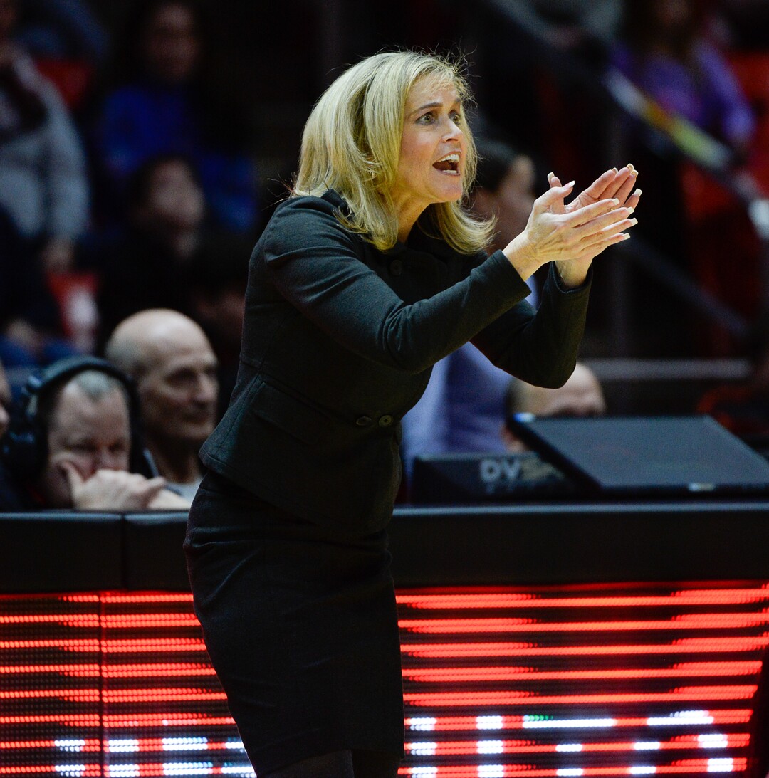 (Francisco Kjolseth  |  The Salt Lake Tribune)  Arizona State University womenÕs head basketball coach Charli Turner Thornein pushes her team as they battle the Utes' in Pac-12 home opener at the Jon M Huntsman Center on Friday, Jan. 4, 2019. They're off to one of their best starts in team history.