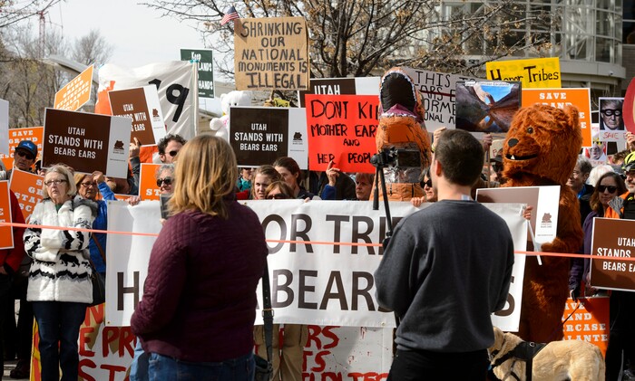 (Steve Griffin  |  The Salt Lake Tribune) Proponents of Bears Ears rally outside the Salt Palace Convention Center in Salt Lake City Friday February 9, 2018. The SUWA organized rally was held outside the convention center where U.S. Secretary of the Interior Ryan Zinke is scheduled to speak during the Western Hunting and Conservation Expo.