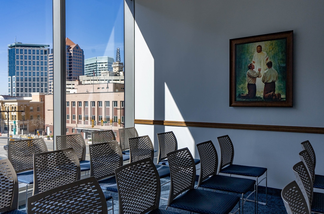 (Francisco Kjolseth | The Salt Lake Tribune) Meeting rooms provide a wide view of downtown Salt Lake City at the new 95 State meetinghouse of The Church of Jesus Christ of Latter-day Saints on Friday, April 8, 2022. 