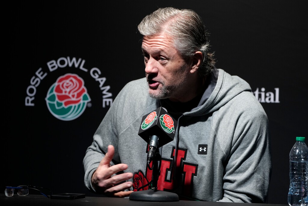 (Marcio Jose Sanchez | AP) Utah head coach Kyle Whittingham fields questions during media day ahead of the Rose Bowl NCAA college football game against Penn State Saturday, Dec. 31, 2022, in Pasadena, Calif.