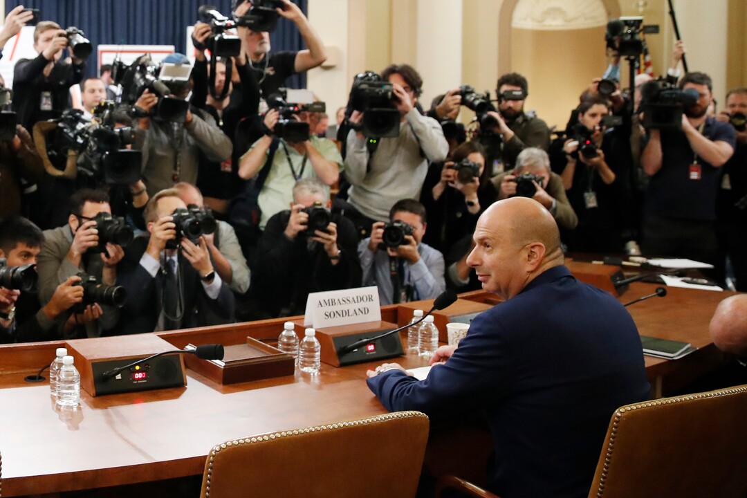 (Alex Brandon  |  AP photo) U.S. Ambassador to the European Union Gordon Sondland arrives to testifu before the House Intelligence Committee on Capitol Hill in Washington, Wednesday, Nov. 20, 2019, during a public impeachment hearing of President Donald Trump's efforts to tie U.S. aid for Ukraine to investigations of his political opponents. 