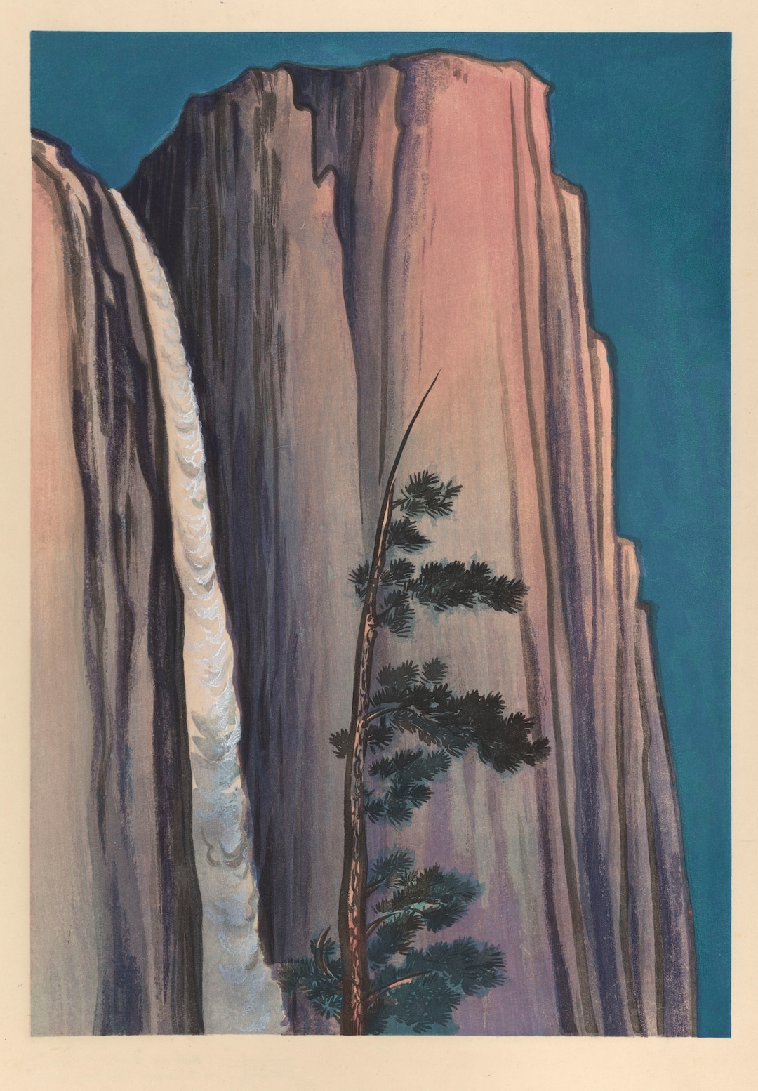 (Chiura Obata  |  courtesy Utah Museum of Fine Arts) "Evening Glow at Yosemite Waterfall, Yosemite National Park, California," a 1930 color woodcut by Japanese-American artist Chiura Obata. Obata's work will be shown in a major touring retrospective, May 25-Sept. 8 at the Utah Museum of Fine Arts. (Achenbach Foundation for Graphic Arts, 1963.30.3126.23)