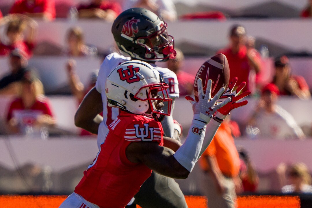 (Trent Nelson  |  The Salt Lake Tribune) Utah Utes cornerback Clark Phillips III (8) makes an interception late in the fourth quarter as the University of Utah hosts Washington State, NCAA football in Salt Lake City on Saturday, Sept. 25, 2021.