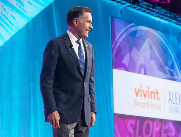 (Rick Egan  |  The Salt Lake Tribune)   Mitt Romney acknowledges  the crowd after speaking at the Tech Summit at the Salt Palace Convention Center,  Friday, January 19, 2018.


