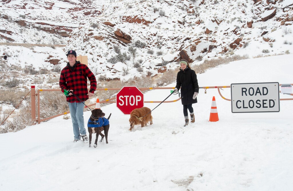 (Rick Egan  |  The Salt Lake Tribune)    Parker and Hillary Smith, Fort Collins, Co, hike inside Arches National Park, which remains closed due to the partial government shutdown.  Sunday, Jan. 6, 2019.