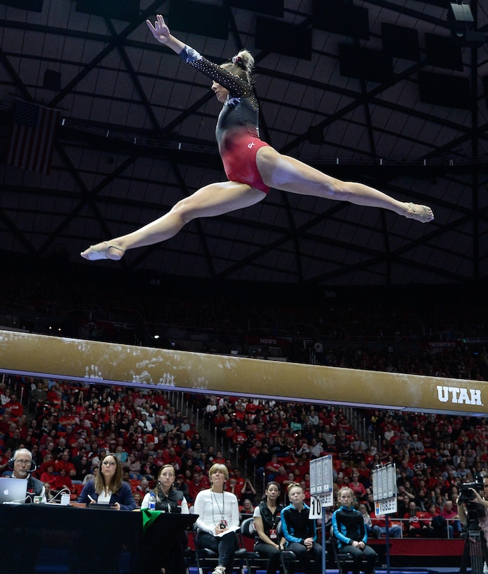 (Francisco Kjolseth  |  The Salt Lake Tribune)  MyKayla Skinner begins her balance beam routine as Utah hosts Penn State in their season opener at the Huntsman Center in Salt Lake City on Saturday, Jan. 5, 2019.