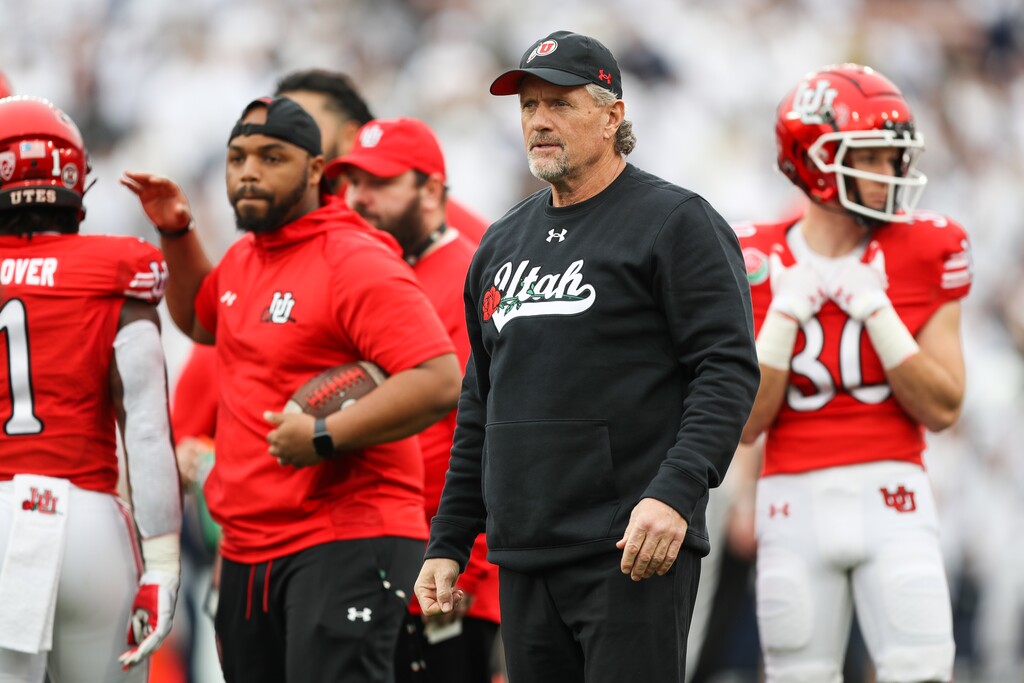 (Meg Oliphant | Special to The Tribune) Utah head coach Kyle Whittingham looks on during warmups ahead of the game against the Penn State Nittany Lions at Rose Bowl Stadium on Jan. 2, 2023 in Pasadena, Calif.