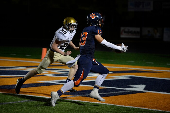 (Scott Sommerdorf   |  The Salt Lake Tribune)   Brighton RB Nicholas Parker scores a late TD to make the score more respectable as Skyline beat Brighton 42-28, Friday, September 15, 2017.