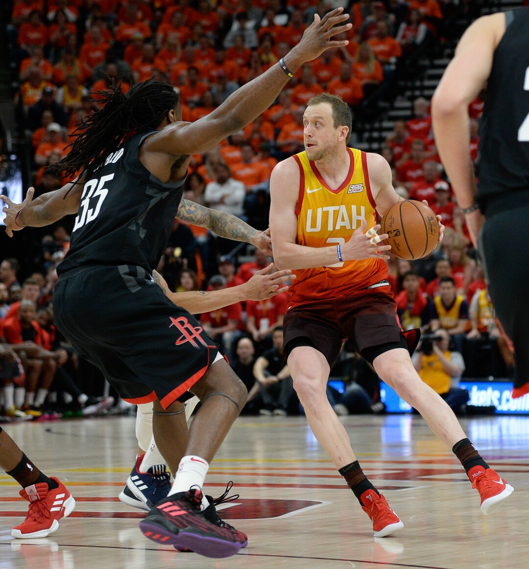 (Francisco Kjolseth  |  The Salt Lake Tribune)  Utah Jazz guard Ricky Rubio (3) is pressured by the Rockets in Game 3 of a first-round NBA basketball playoff series in Salt Lake City, Saturday, April 20, 2019.