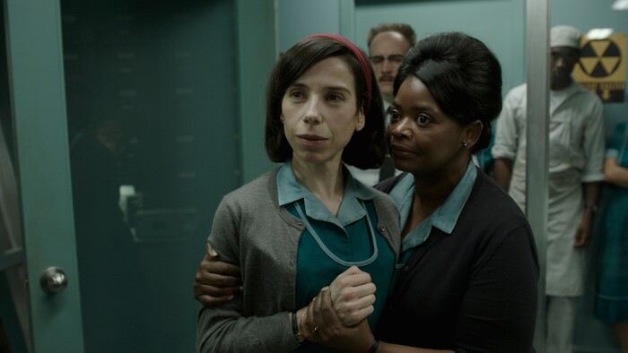 This image released by Fox Searchlight Pictures shows Sally Hawkins, left, and  Octavia Spencer in a scene from the film "The Shape of Water." (Fox Searchlight Pictures via AP)