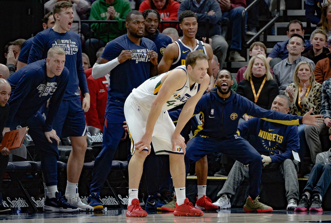(Francisco Kjolseth  |  The Salt Lake Tribune) The Denver Nuggets bench erupts in the final moments as they taunt Utah Jazz forward Bojan Bogdanovic (44) in the Jazz loss 98-95 in the final seconds as the Utah Jazz host the Denver Nuggets in their NBA basketball game at Vivint Smart Home Arena in Salt Lake City on Wednesday, Feb. 5, 2020.