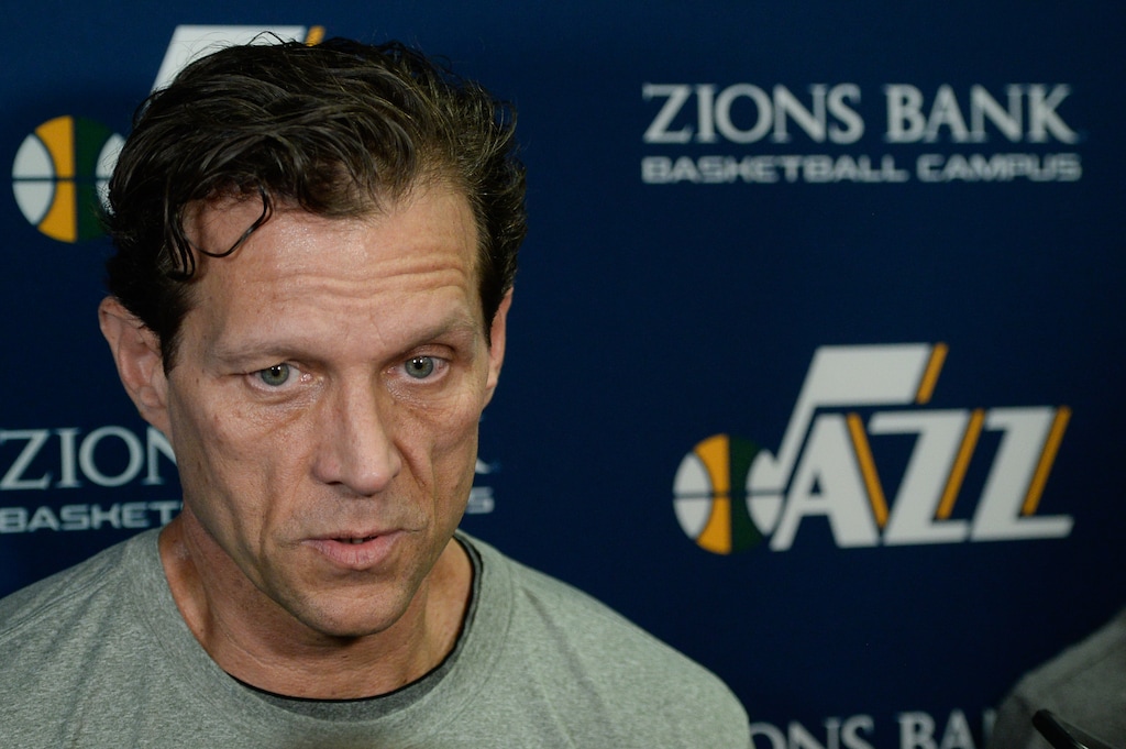 (Francisco Kjolseth  |  The Salt Lake Tribune)  Utah Jazz coach Quin Snyder speaks with the media following a long practice on Friday, April 20, 2018, ahead of Game 3 vs. Thunder on Saturday.