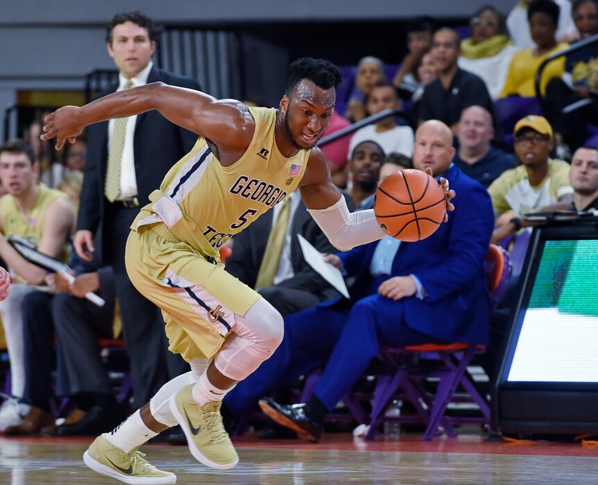 Georgia Tech's Josh Ogokie grabs a steal during the first half of an NCAA college basketball game against Clemson Saturday, Feb. 24, 2018, in Clemson, S.C. (AP Photo/Richard Shiro)