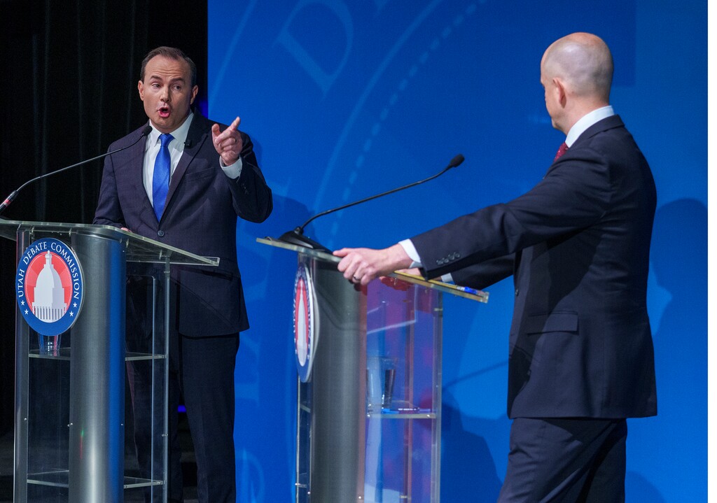 (Leah Hogsten | The Salt Lake Tribune) From left, Sen. Mike Lee and independent challenger Evan McMullin participate in a debate ahead of the election for U.S. Senate at Utah Valley University, Wednesday, Oct. 17, 2022.