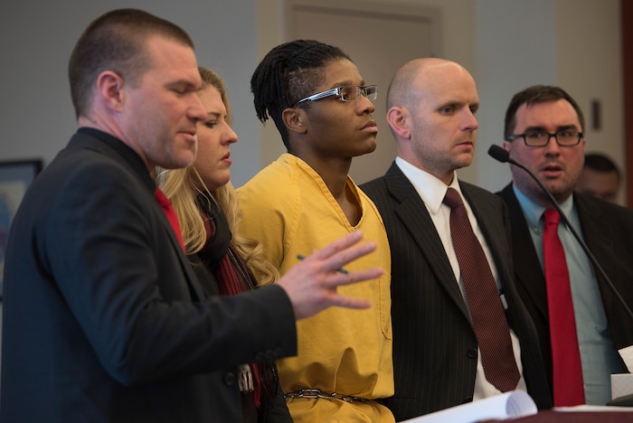 Scott Sommerdorf | The Salt Lake TribuneGerald Grant looks on as his defense team and 3rd District Judge Vernice Trease work their way toward reaching the final sentence for shooting and killing two men and a teenage boy inside an SUV in South Salt Lake nearly two years ago. Sentencing was in front of 3rd District Judge Vernice Trease, Thursday, March 8, 2018.
