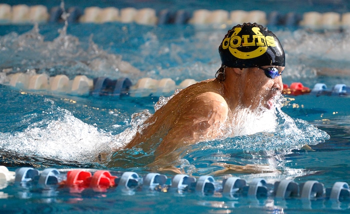 (Francisco Kjolseth | The Salt Lake Tribune) Blayze Kimble of Cottonwood swims to a first win in the Men 200 Yard IM at the high school swimming 5A State Championships in Bountiful, Friday February 9, 2018.