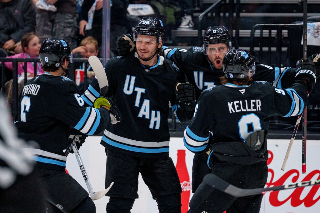 (Trent Nelson  |  The Salt Lake Tribune) Utah Hockey Club center Nick Schmaltz (8) celebrates a goal as Utah Hockey Club hosts the Tampa Bay Lightning, NHL hockey at the Delta Center in Salt Lake City on Saturday, March 22, 2025.