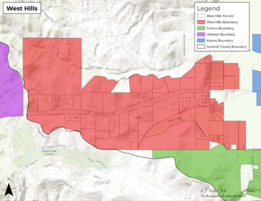(West Hills Feasibility Study | LRB Public Finance Advisors) The lieutenant governor's feasibility study includes an updated map (above) showing which landowners remain after at least nine opted out of West Hills.