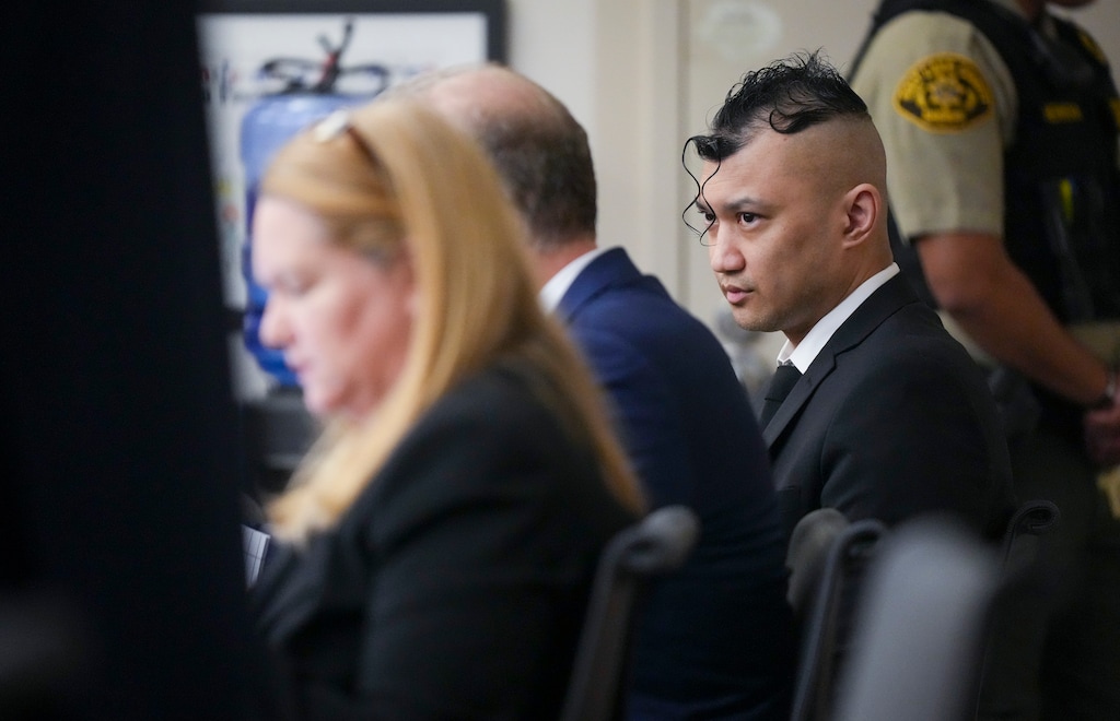 (Bethany Baker | The Salt Lake Tribune) Alexander Hung Tran appears at trial in 3rd District Court in Salt Lake City on Tuesday, Aug. 26, 2025. Tran was charged with three counts of aggravated murder in the Sept. 18, 2015, deaths of Heidi Poike, 50; her 2-month-old granddaughter, Lyrik Poike; and 28-year-old Dakota Smith.