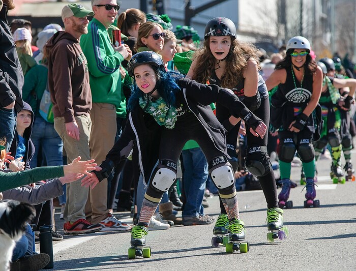 (Francisco Kjolseth | The Salt Lake Tribune) Members of various Utah Roller Derby teams have fun with the crowds as Salt Lake CityÕs Irish community celebrates their 41st annual St. PatrickÕs Day Parade with crowds lining up to take in the festivities.