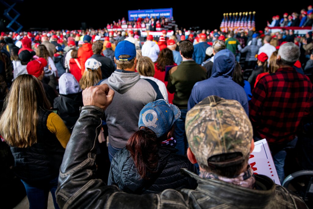 (Al Drago/The New York Times)
A QAnon hat seen in the crowd at President Donald Trump's fly-in campaign rally in Mosinee, Wis., Sept. 17, 2020. "But the principle remains: Combating the deception that has overrun public discourse should be a primary goal of our society. Otherwise, America ends in lies," writes Farhad Manjoo.