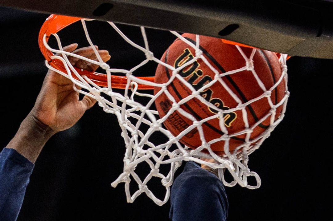 (Trent Nelson | The Salt Lake Tribune)  The ball is dunked as Syracuse practices for the 2019 NCAA Tournament in Salt Lake City on Wednesday March 20, 2019.
