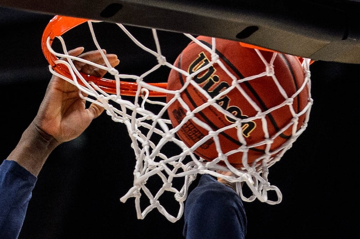 (Trent Nelson | The Salt Lake Tribune)  
The ball is dunked as Syracuse practices for the 2019 NCAA Tournament in Salt Lake City on Wednesday March 20, 2019.