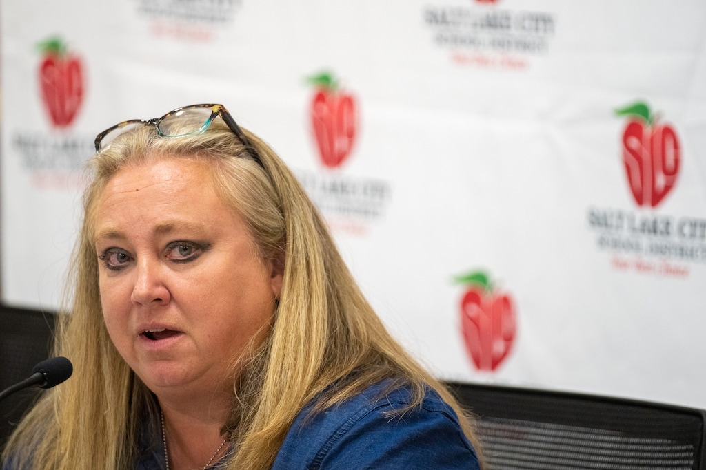 (Trent Nelson  |  The Salt Lake Tribune) Board President Melissa Ford reads a statement on the status of Superintendent Timothy Gadson at a meeting of the Salt Lake City school board on Tuesday, Aug. 2, 2022.