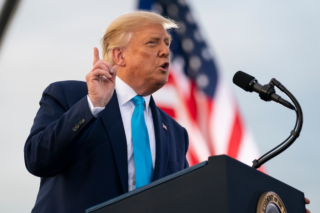 (Evan Vucci | AP) President Donald Trump speaks during a campaign rally at Arnold Palmer Regional Airport, Thursday, Sept. 3, 2020, in Latrobe, Pa.