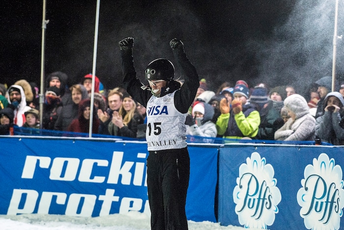 (Chris Detrick  |  The Salt Lake Tribune)  USA's Madison Olsen (15) after competing in the Ladies' Aerial Finals during the FIS Visa Freestyle International Ski World Cup at Deer Valley Resort Friday, January 12, 2018.  Olsen finished in fourth place with a score of 81.78.