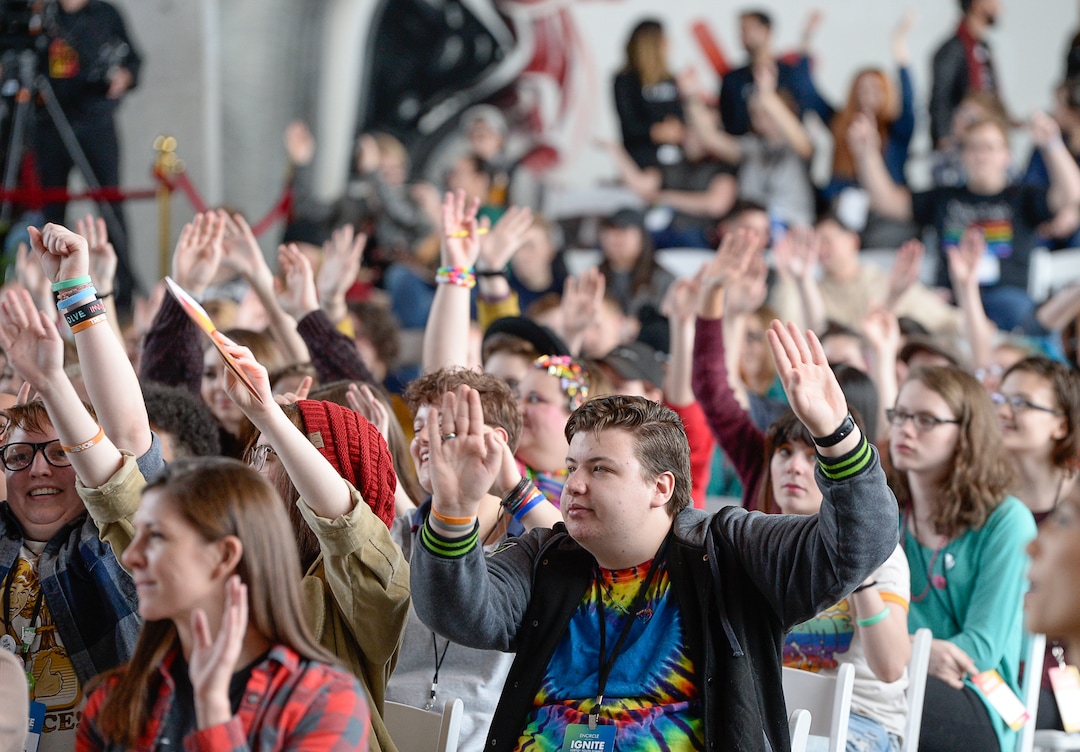 (Francisco Kjolseth  |  The Salt Lake Tribune)  Swaying their hands to the sounds of Utah band Foreign Figures, EncircleÕs 2nd annual LGBTQ+ youth summit draws more than 800 people to Adobe headquarters in Lehi on Saturday, Dec. 1, 2018.