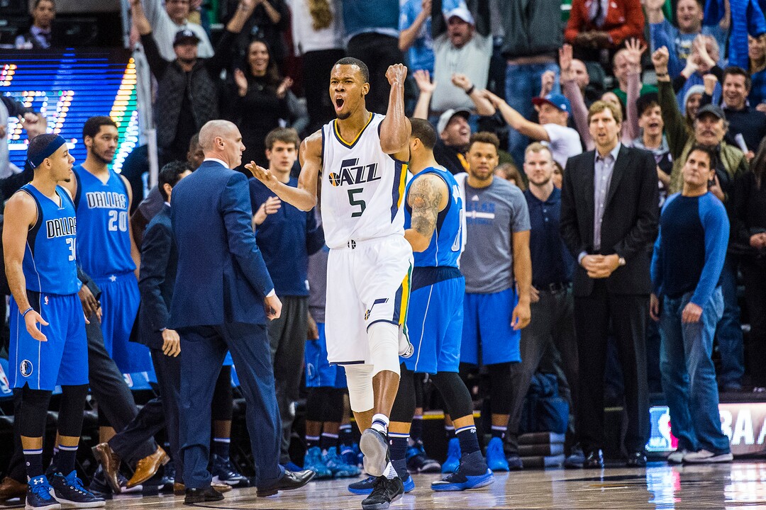 Chris Detrick  |  The Salt Lake TribuneUtah Jazz guard Rodney Hood (5) celebrates after hitting the game-winning three-pointer during the game at Vivint Smart Home Arena Saturday December 17, 2016.  Utah Jazz defeated Dallas Mavericks 103-100.