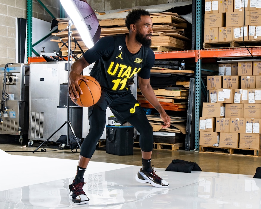 (Rick Egan | The Salt Lake Tribune)  Utah Jazz guard Mike Conley poses for the Jazz photographer in a back room of Vivint Arena, surrounded by cardboard boxes and ice cream machines, during the Utah Jazz Media Day, on Monday, Sept. 26, 2022.