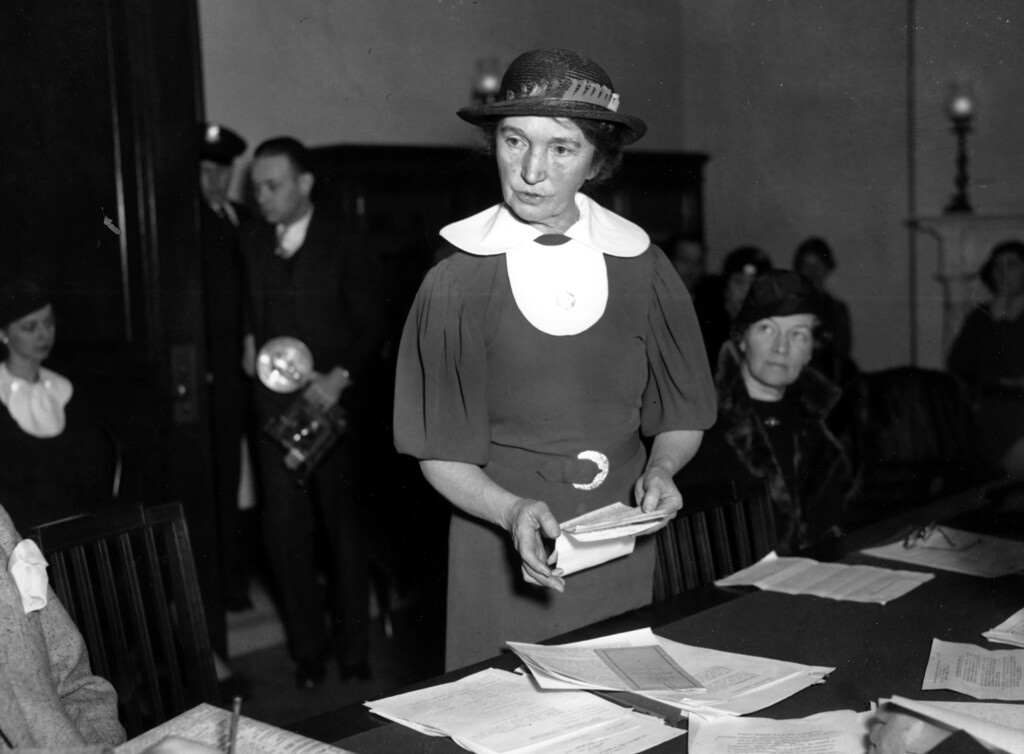 (AP file photo) In this March 1, 1934, photo, Margaret Sanger, who founded the American Birth Control League in 1921, speaks before a Senate committee to advocate for federal birth-control legislation in Washington. Planned Parenthood of Greater New York is removing Sanger's name from a Manhattan clinic because of the birth control pioneer's ties to the eugenics movement, the organization announced Tuesday, July 21, 2020.