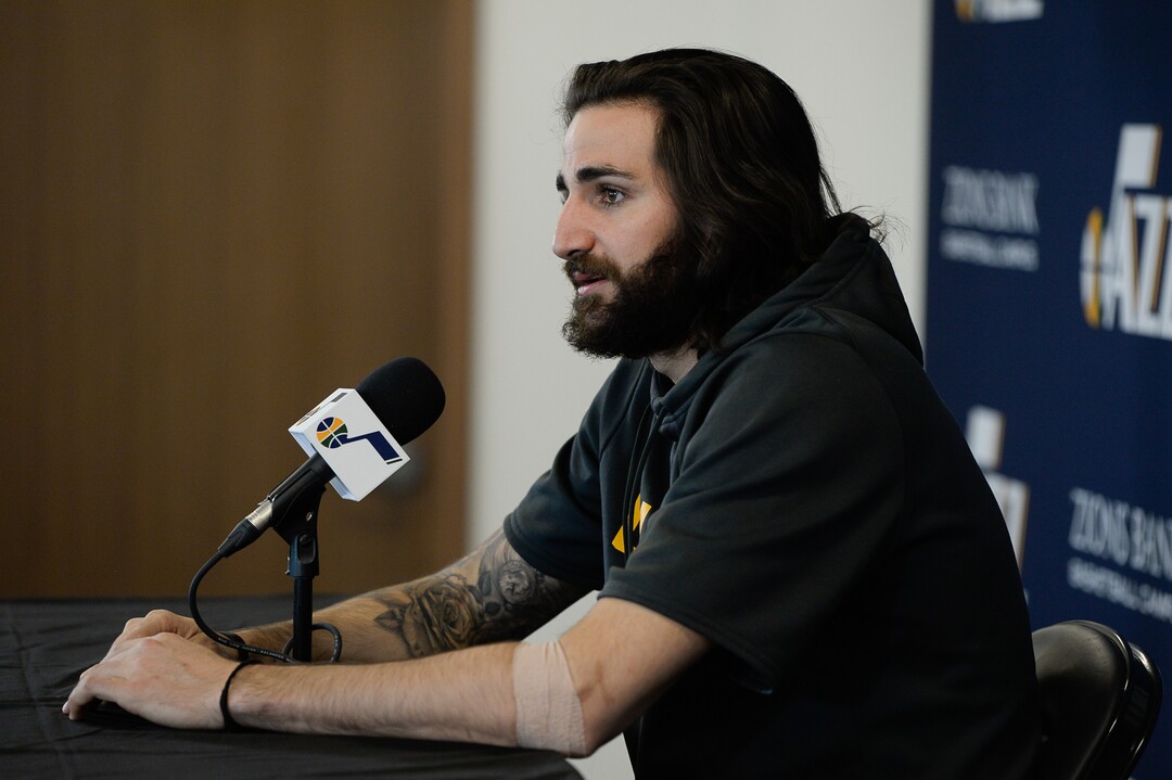 (Francisco Kjolseth  |  The Salt Lake Tribune)  Utah Jazz      guard Ricky Rubio speaks with the media during exit interviews at their practice facility in Salt Lake City Wed., May 8, 2018, after losing to the Houston Rockets in game 5 of their Western Conference Semifinals during the 2018 NBA Playoffs.
