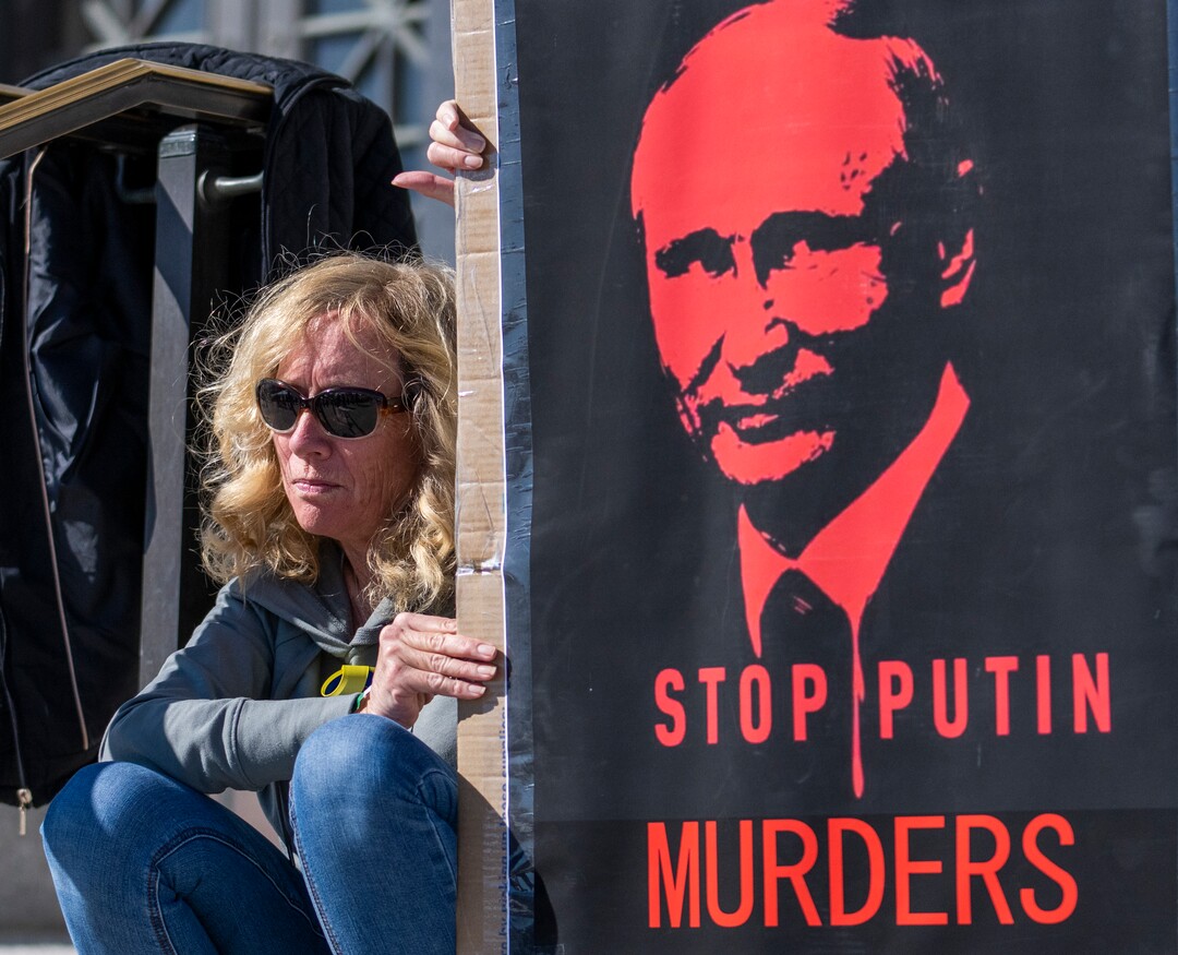 (Rick Egan | The Salt Lake Tribune) Ellen Herman from Provo, participates in protest against Russia's invasion of Ukraine, organized by the Utah Ukrainian association, on Saturday, March 12, 2022.