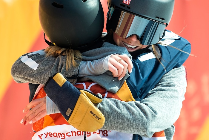 (Chris Detrick  |  The Salt Lake Tribune)  Brita Sigourney of the United States hugs Annalisa Drew of the United States after hearing her score after the Ladies' Ski Halfpipe Final Run at Phoenix Park during the Pyeongchang 2018 Winter Olympics Tuesday, Feb. 20, 2018. Sigourney finished in 3rd place with a score of 89.80.