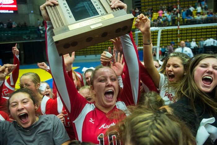 (Chris Detrick  |  The Salt Lake Tribune)  Park City's Bella Buchanan (10) celebrates with her teammates and fellow Miners after winning the 4A volleyball state championships at the UCCU Center at Utah Valley University Thursday, October 26, 2017.  Park City defeated Sky View 3-0.