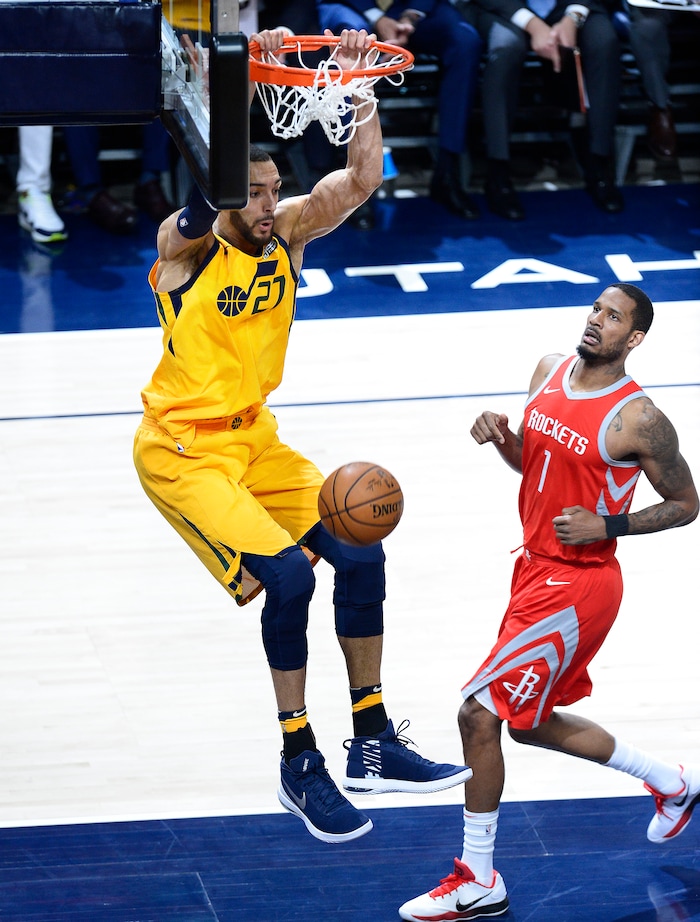 (Scott Sommerdorf | The Salt Lake Tribune)
Utah Jazz center Rudy Gobert (27) dunks during first half play. The Rockets led the Jazz 58-48 at the half, Sunday, May 6, 2018.