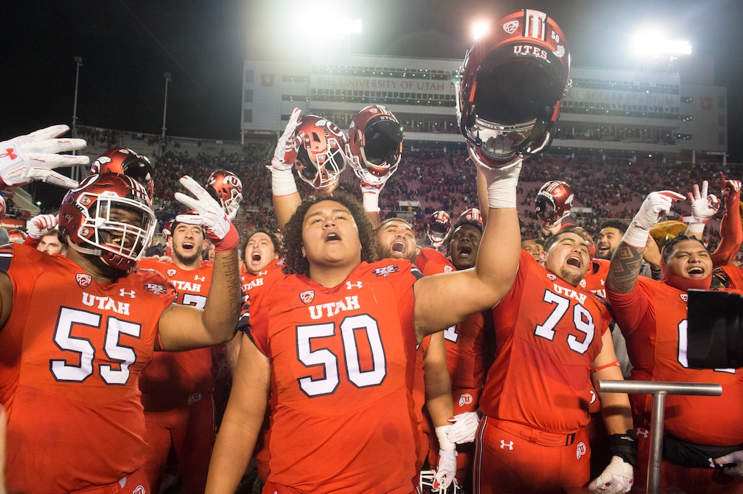 (Rick Egan  |  The Salt Lake Tribune)        Utah celebrates their 35-27 victory of the Brigham Young Cougars, in football action between the Brigham Young Cougars and the Utah Utes, at Rice-Eccles Stadium, Saturday, November 24, 2018.