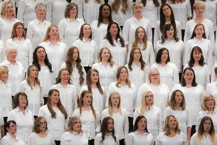 (Trent Nelson | The Salt Lake Tribune)  A Relief Society Choir from stakes in Summit and Wasatch counties performs at the General Women's Session of the 187th Semiannual General Conference of the The Church of Jesus Christ of Latter-day Saints, in Salt Lake City, Saturday September 23, 2017.